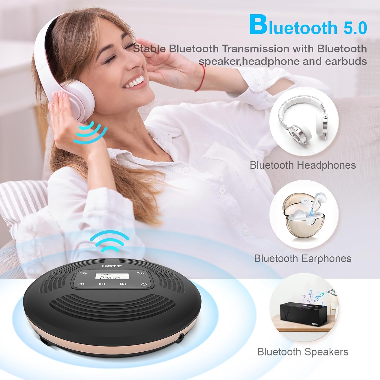 Reproductor de CD portátil con Bluetooth Walkman reproductor de CD Bluetooth con transmisor FM botón táctil y pantalla LCD, reproductor de disco