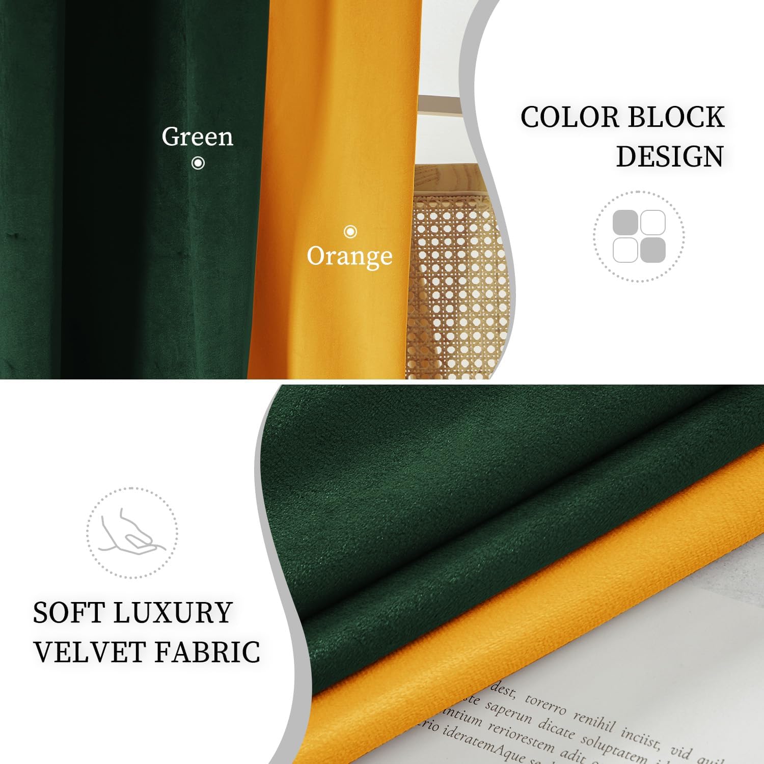Cortinas de terciopelo para dormitorio, color verde y naranja, 52108 pulgadas, suaves, opacas, con aislamiento térmico, tratamiento de ventana para