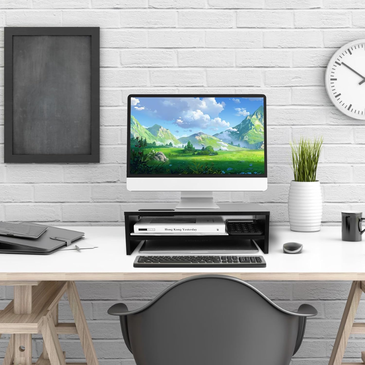 Jocsrocs Soporte para monitor de computadora, elevador de monitor de madera de 2 niveles para PC, laptop, TV, organizador de escritorio, soporte de