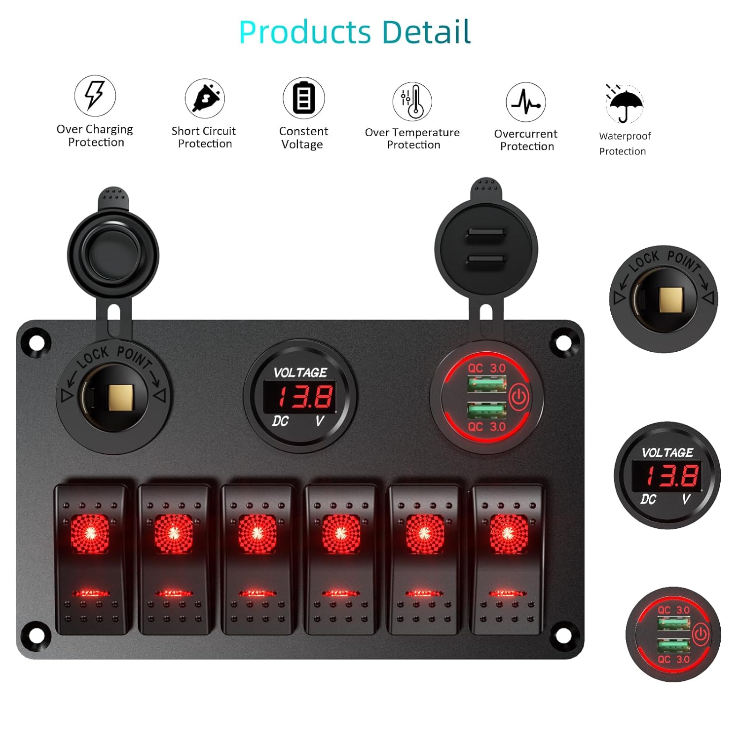 Interruptor de roker de barco marino impermeable, panel de aluminio de 6 cuadrillas con cargador de coche USB dual DC12-24V 36W y voltímetro digital