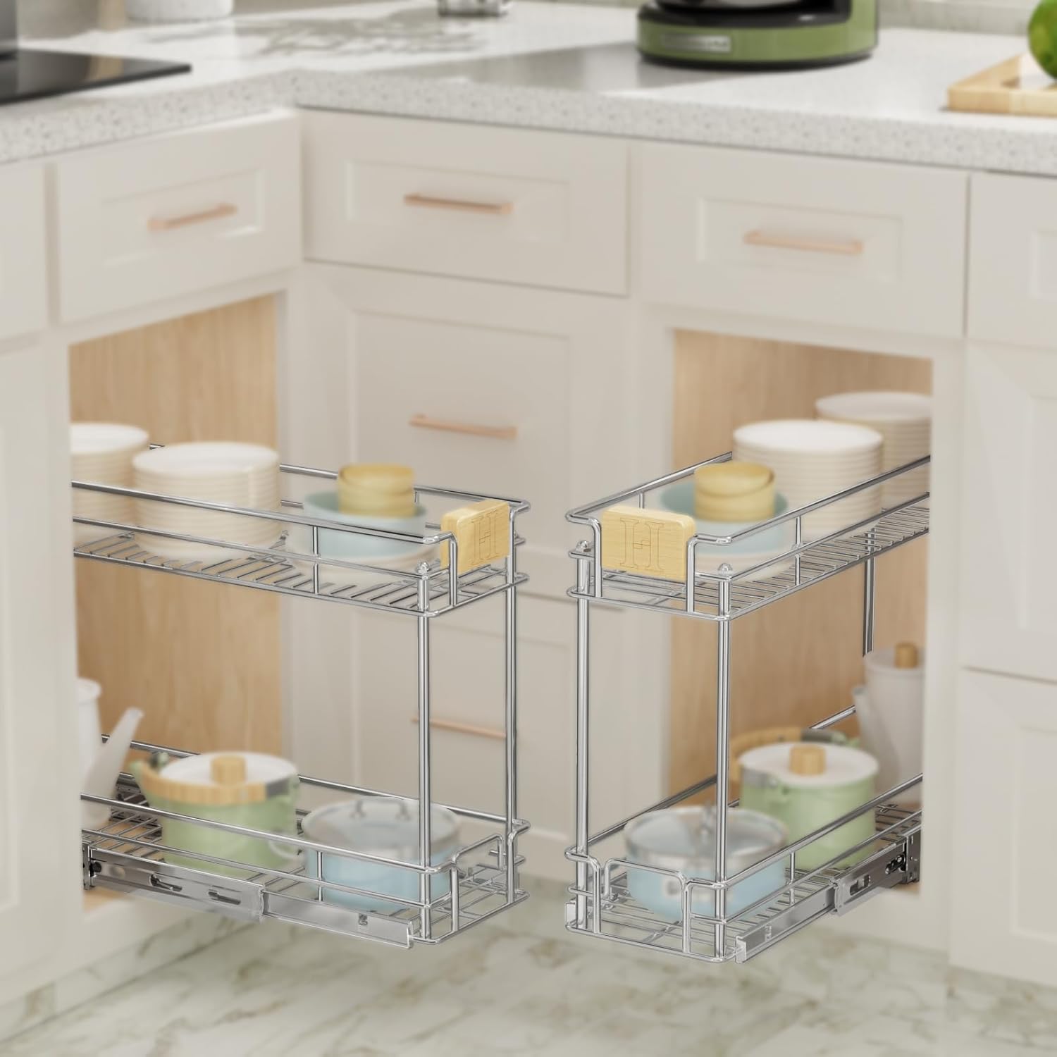 ROOMTEC Organizador de gabinete extraíble con mango de madera, 10 pulgadas de ancho x 21 pulgadas de profundidad, 2 niveles, cajones extraíbles para