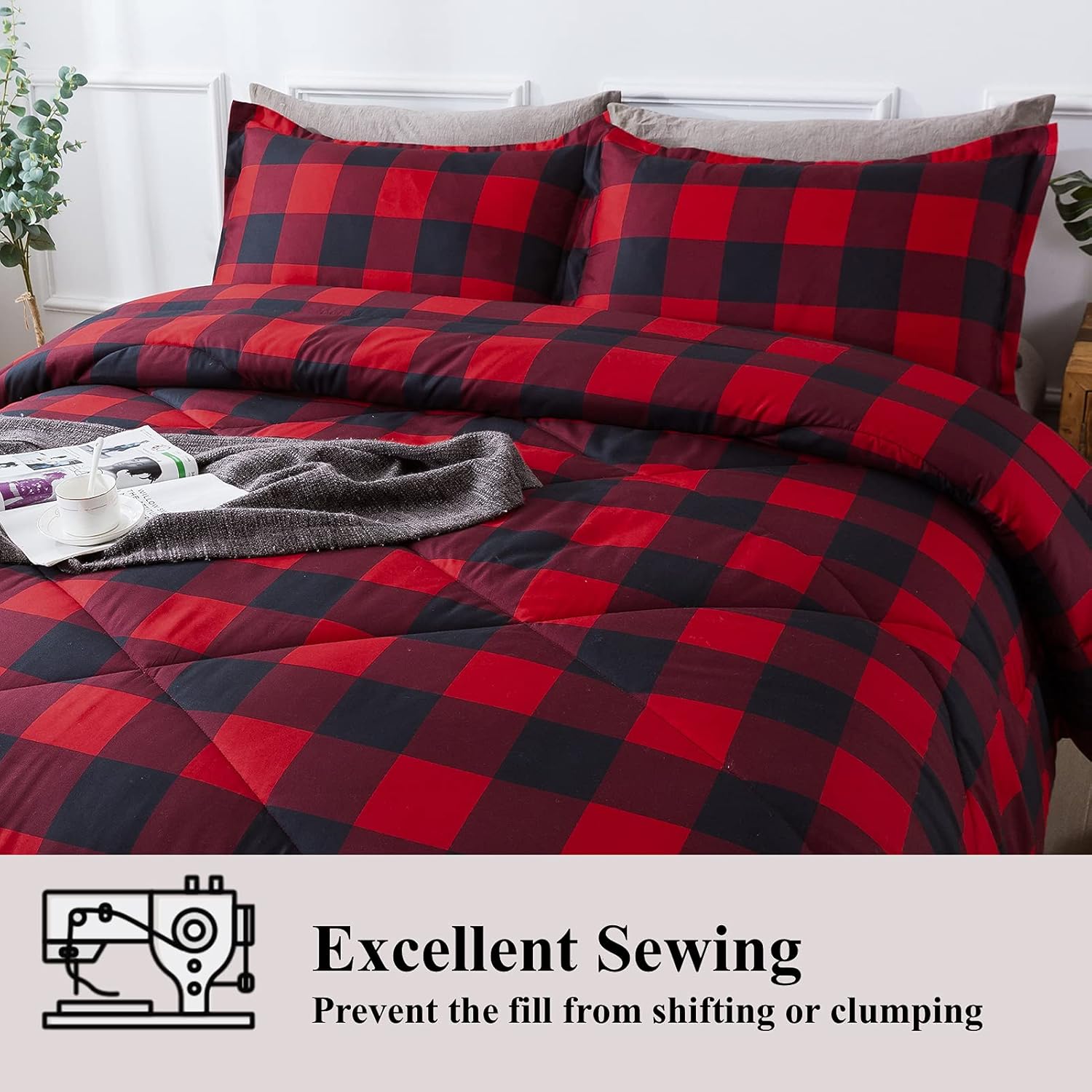 Andency – Edredón de cuadros rojos tamaño individual (66 x 90 pulgadas), 2 piezas (1 edredón a cuadros y 1 funda de almohada), juego de cama con