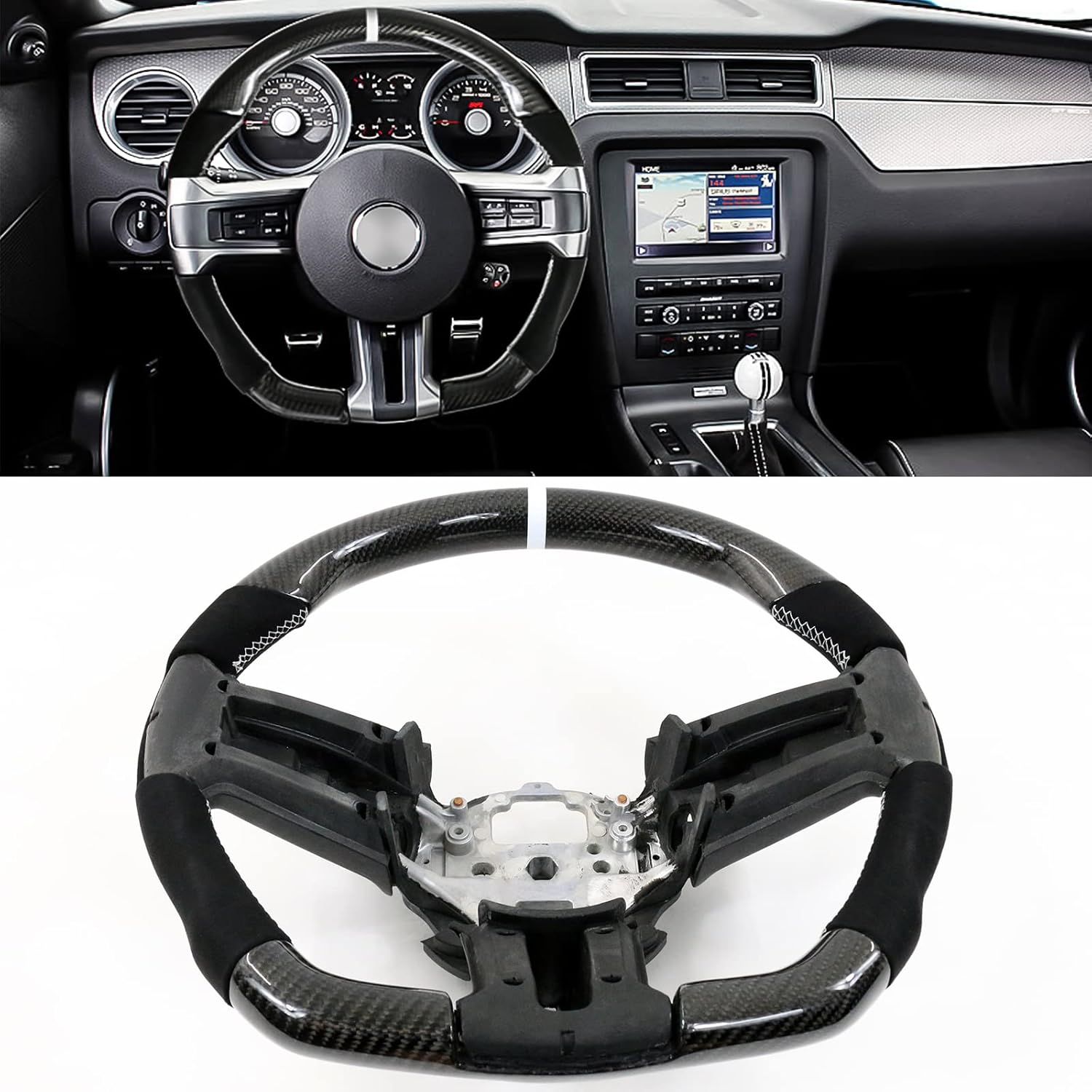 IKON MOTORSPORTS, Volante compatible con Ford Mustang 2010-2014, kit de carrocería del volante de repuesto de fibra de carbono y puntada e indicador
