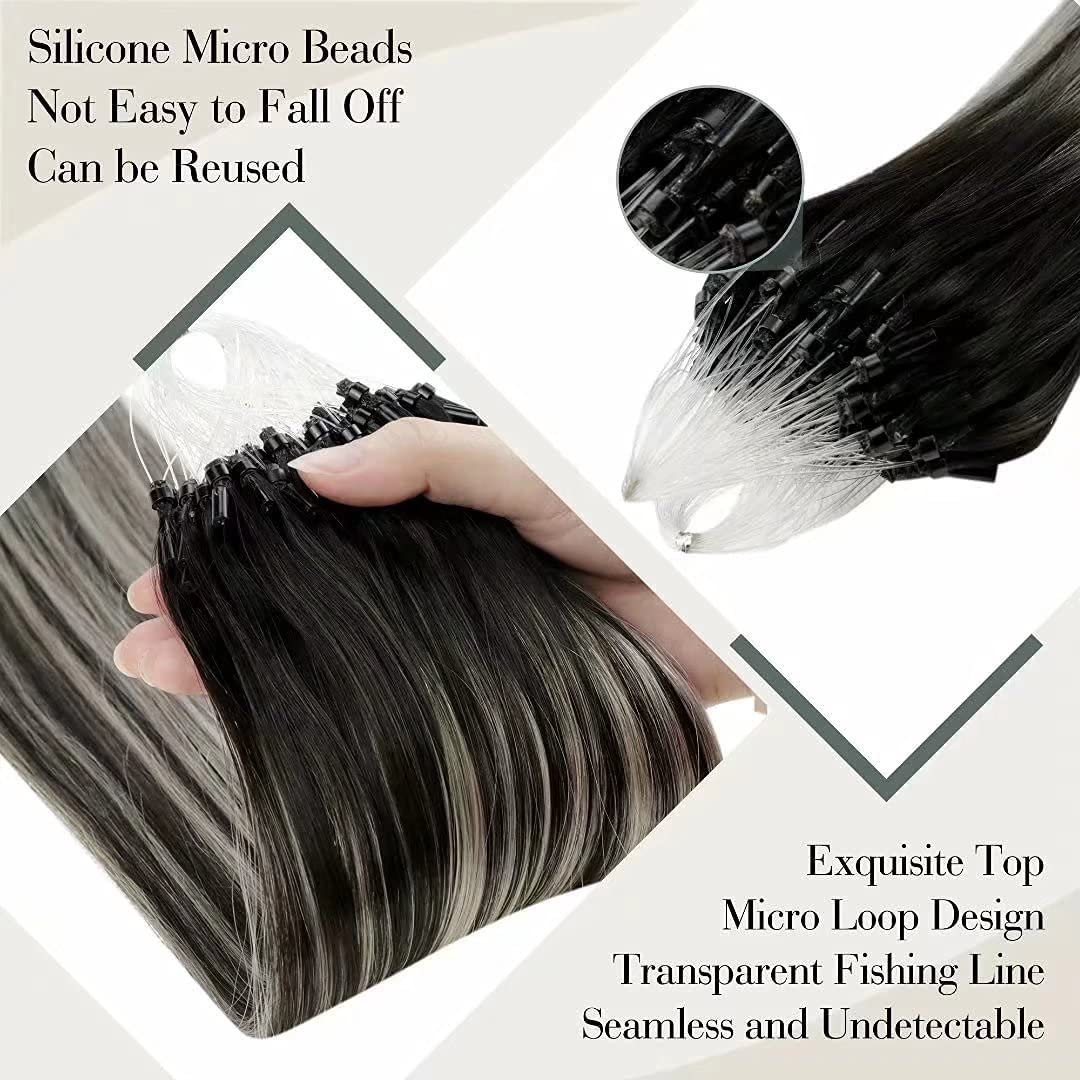 LaaVoo – Extensiones de pelo lacio con micro-anillos con amarre de silicón, pre-atadas, fusión fría, 100 % cabello humano real Remy, 0.04ozmechón,