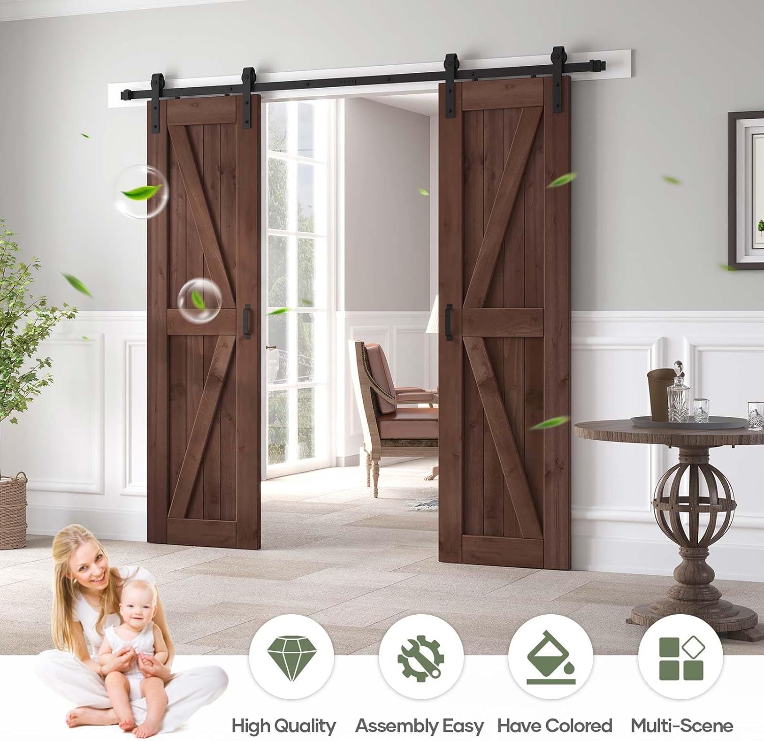 Losa de puerta corrediza de madera de granero de 48 x 84 pulgadas (puerta doble de 24 x 84 pulgadas) con kit de herramientas y mango de 8 pies,
