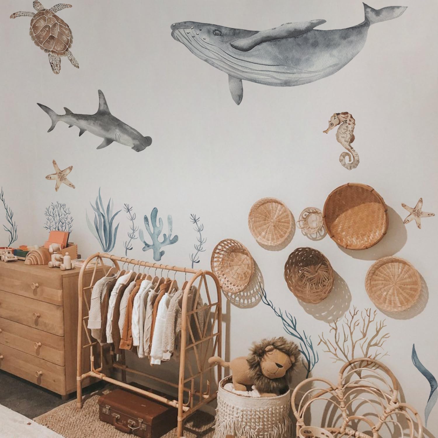 QUCHENG Calcomanías de pared de océano, animales marinos, para dormitorio, calcomanías grandes, removibles, decoración de ballena, guardería,