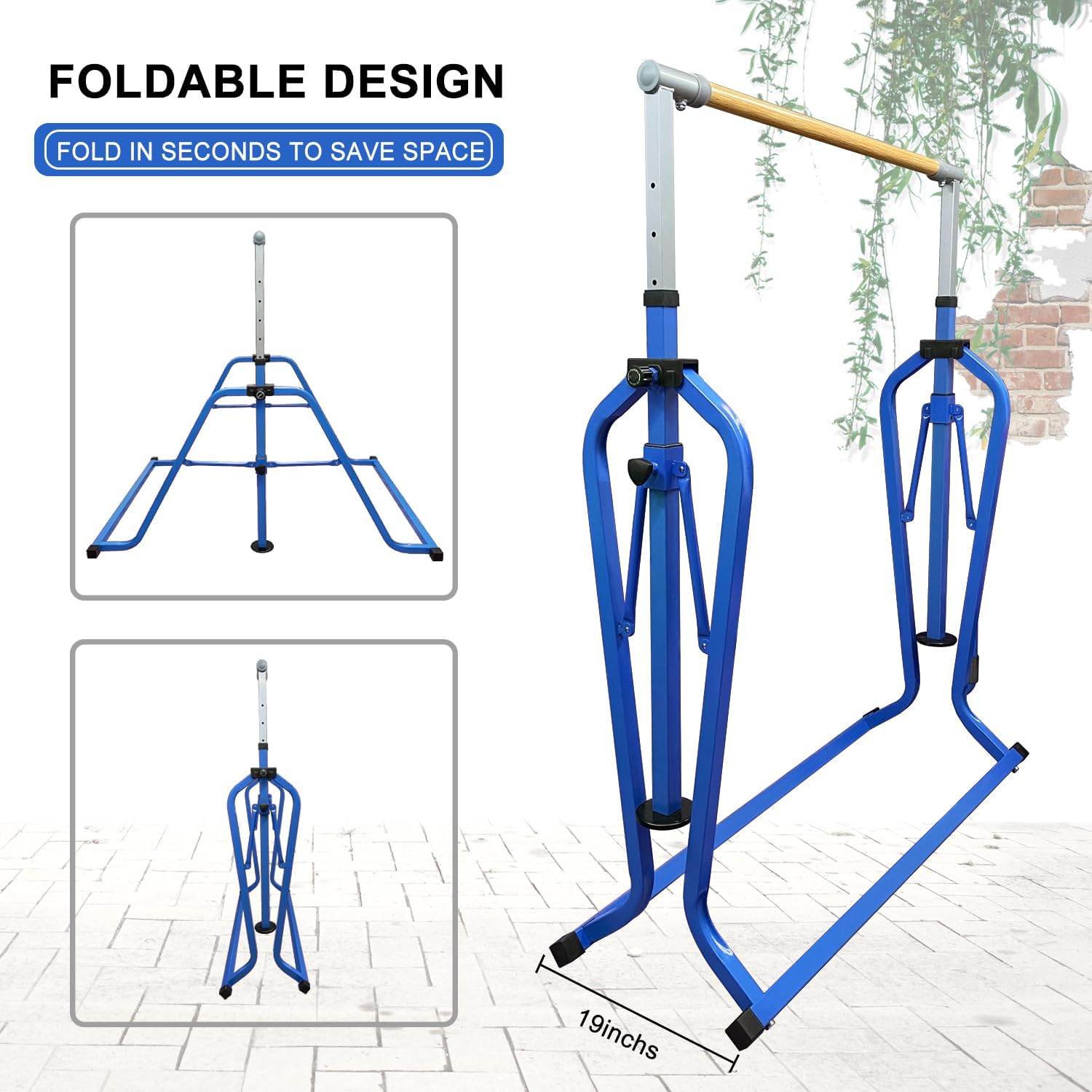 Barra horizontal de gimnasia plegable y móvil con anillos, barra de kip junior expandible de altura ajustable de 3 a 5 pies para el hogar, equipo de