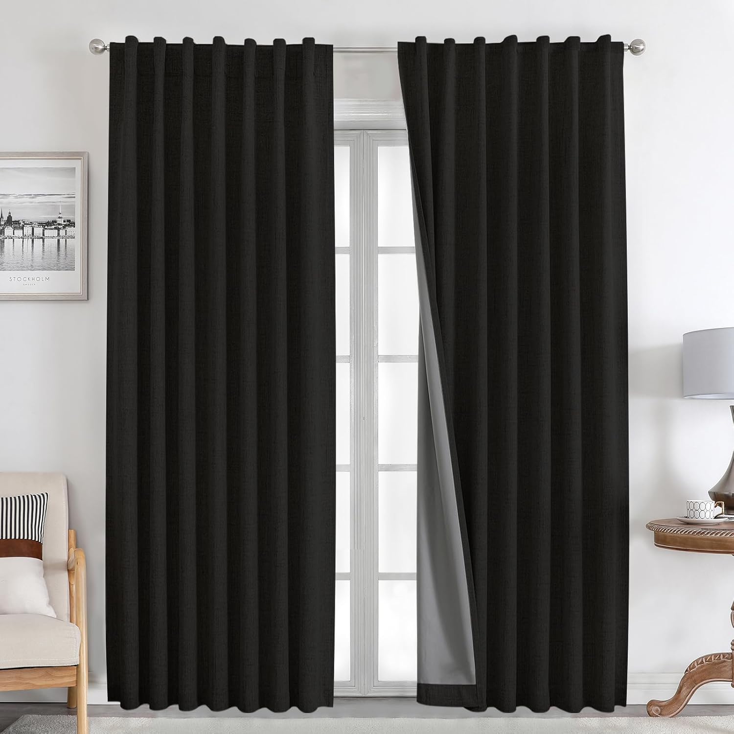 Joydeco Cortinas 100% opacas de 90 pulgadas de largo, 2 paneles de lino natural burgo para dormitorio, sala de estar, cortina de oscurecimiento,