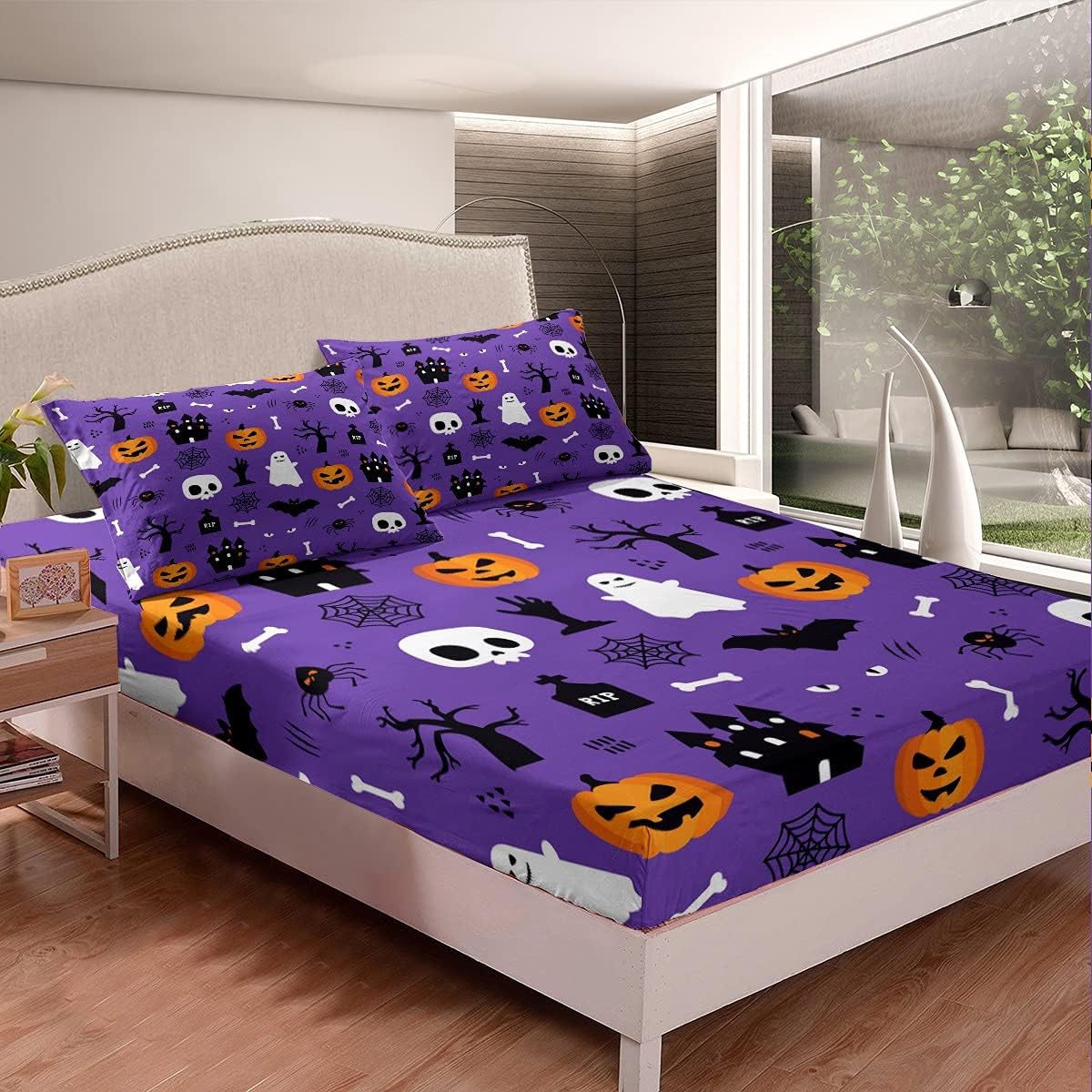 Feelyou Juego de sábanas bajeras de Halloween con diseño de calabaza de dibujos animados para niños y niñas, diseño de castillo, fantasma,