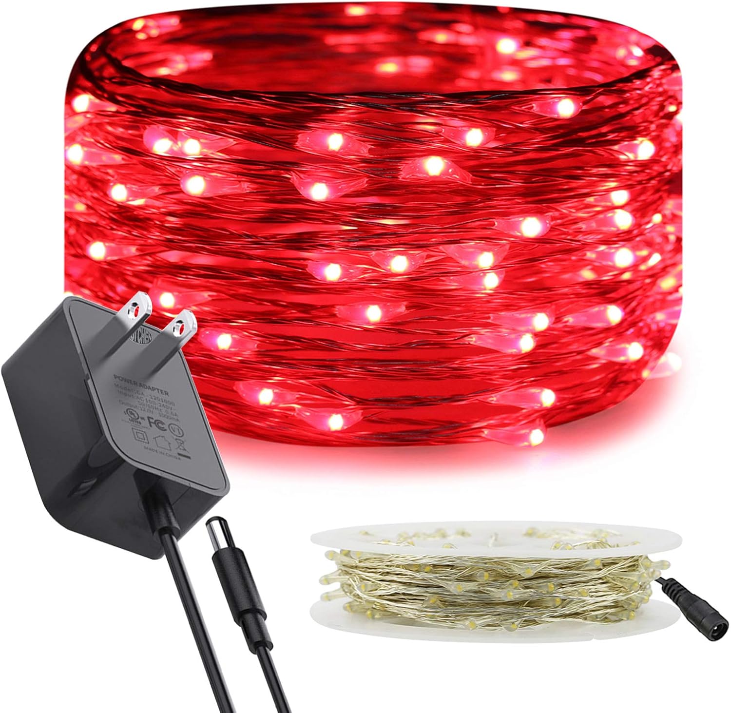 Guirnalda de luces de alambre plateado con enchufe de 33 pies, 100 luces LED con carrete, color rojo