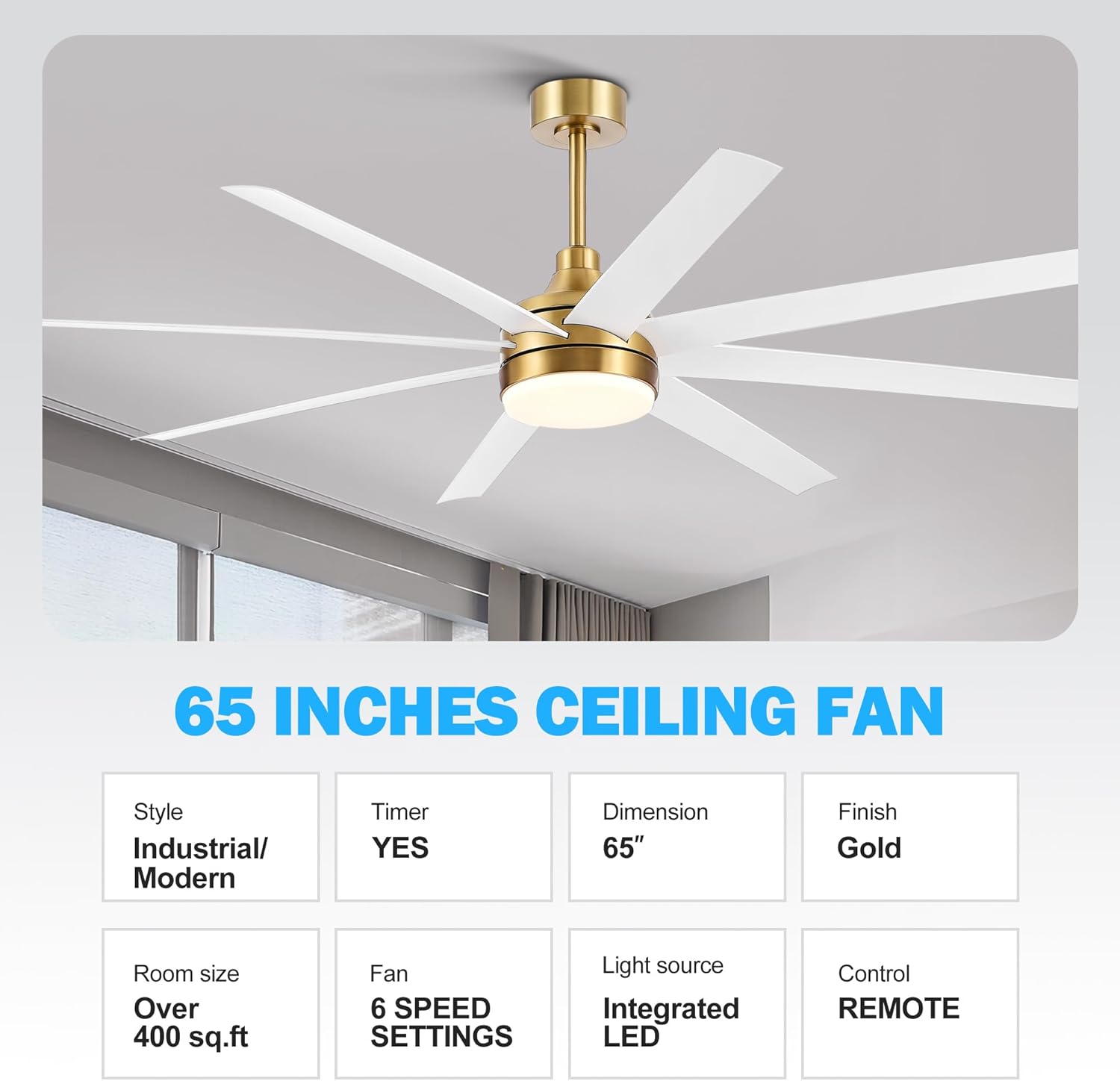 Breezary Ventilador de techo dorado de 65 pulgadas con control remoto de luces LED, moderno ventilador de techo de granja con motor de CC