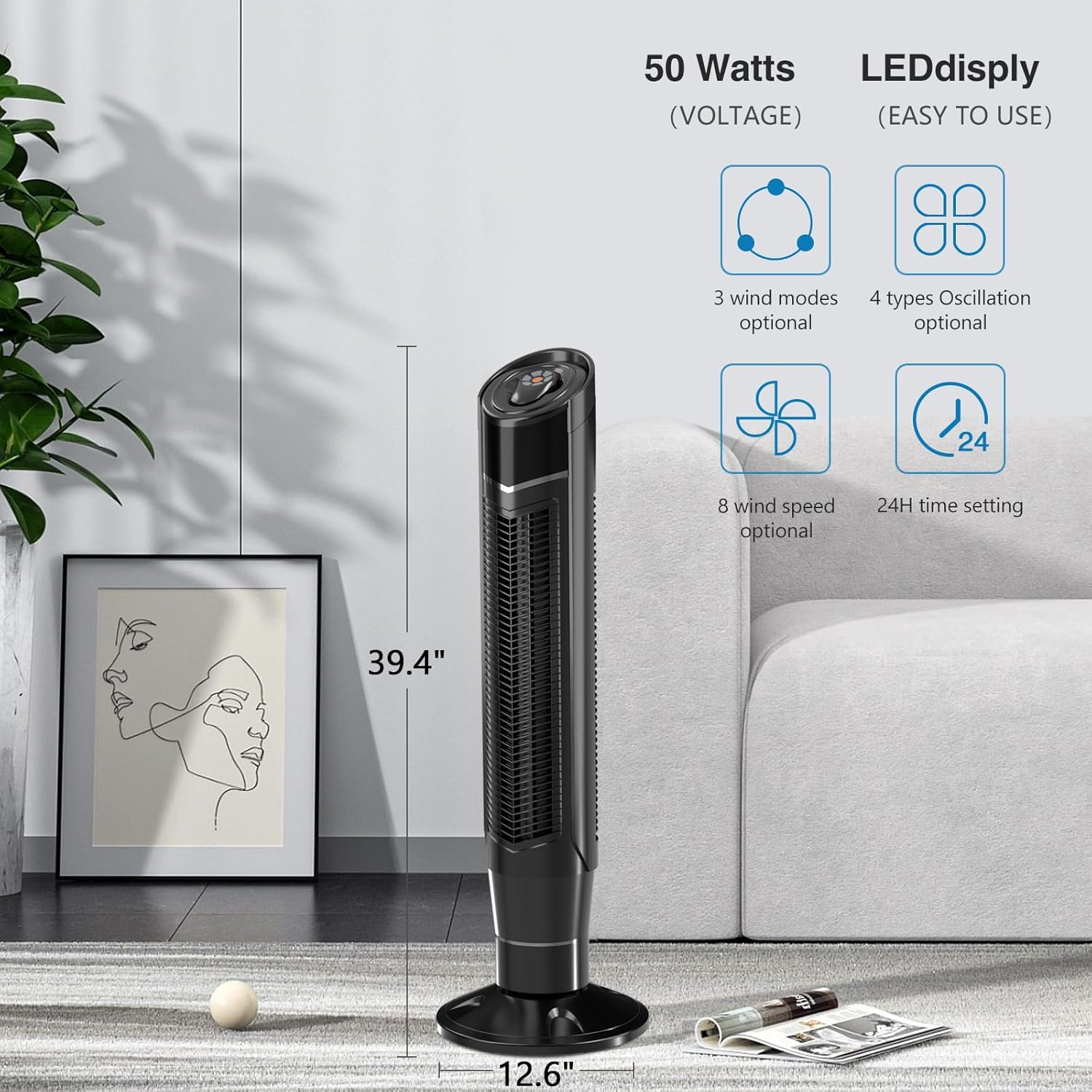 R.W.FLAME Ventilador de torre, ventilador oscilante de 360, enfriamiento silencioso, portátil, sin aspas, ventilador de piso con control remoto, 8