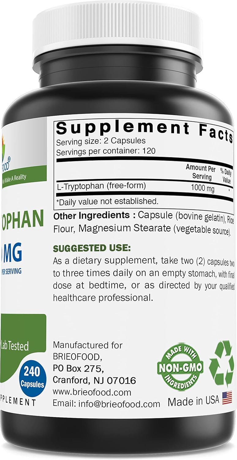 Brieofood L-triptófano 1000 mg por porción – 240 cápsulas – Apoya el estado de ánimo venenoso y la relajación