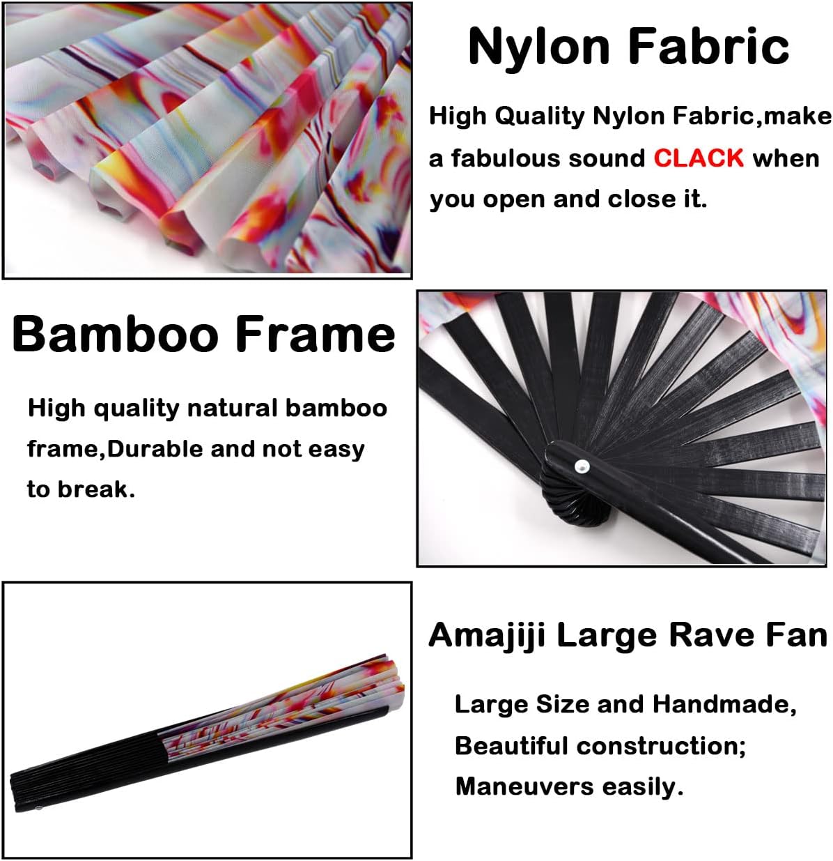 Amajiji Abanico plegable grande para mujeres y hombres, ventilador de mano plegable de bambú japonés y tela de nailon, ventilador de mano,