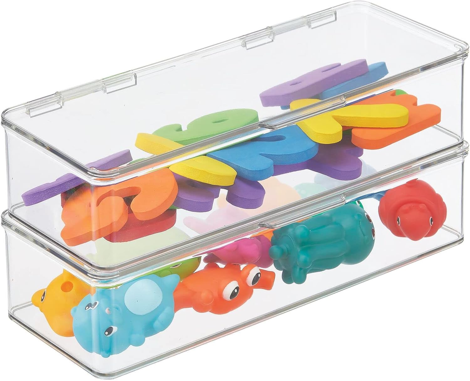 mDesign Contenedor organizador largo de plástico con tapa con bisagras, capacidad para juguetes pequeños, bloques de construcción, rompecabezas y