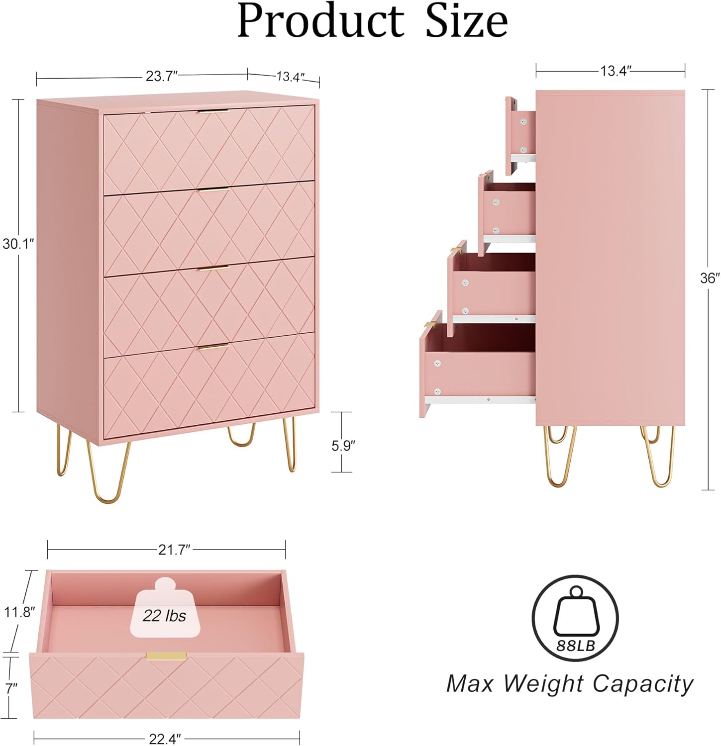 Cómoda de 4 cajones, cajón, armario de almacenamiento alto con patas de metal, cómoda pequeña para dormitorio, sala de estar, armario, pasillo,