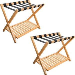 Purbambo Juego de 2 portaequipajes para habitación de invitados, soporte para maleta con estante de almacenamiento, marco de bambú, 6 correas de Purbambo Juego de 2 portaequipajes para habitación de invitados, soporte para maleta con estante de almacenamiento, marco de bambú, 6 correas de