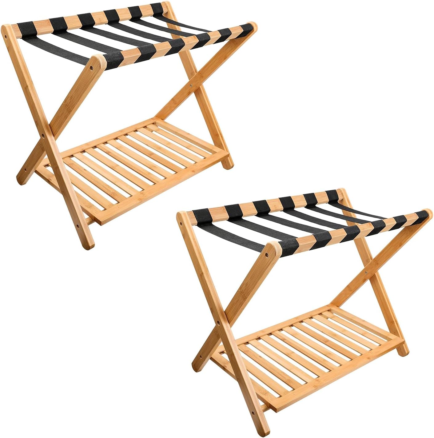 Purbambo Juego de 2 portaequipajes para habitación de invitados, soporte para maleta con estante de almacenamiento, marco de bambú, 6 correas de