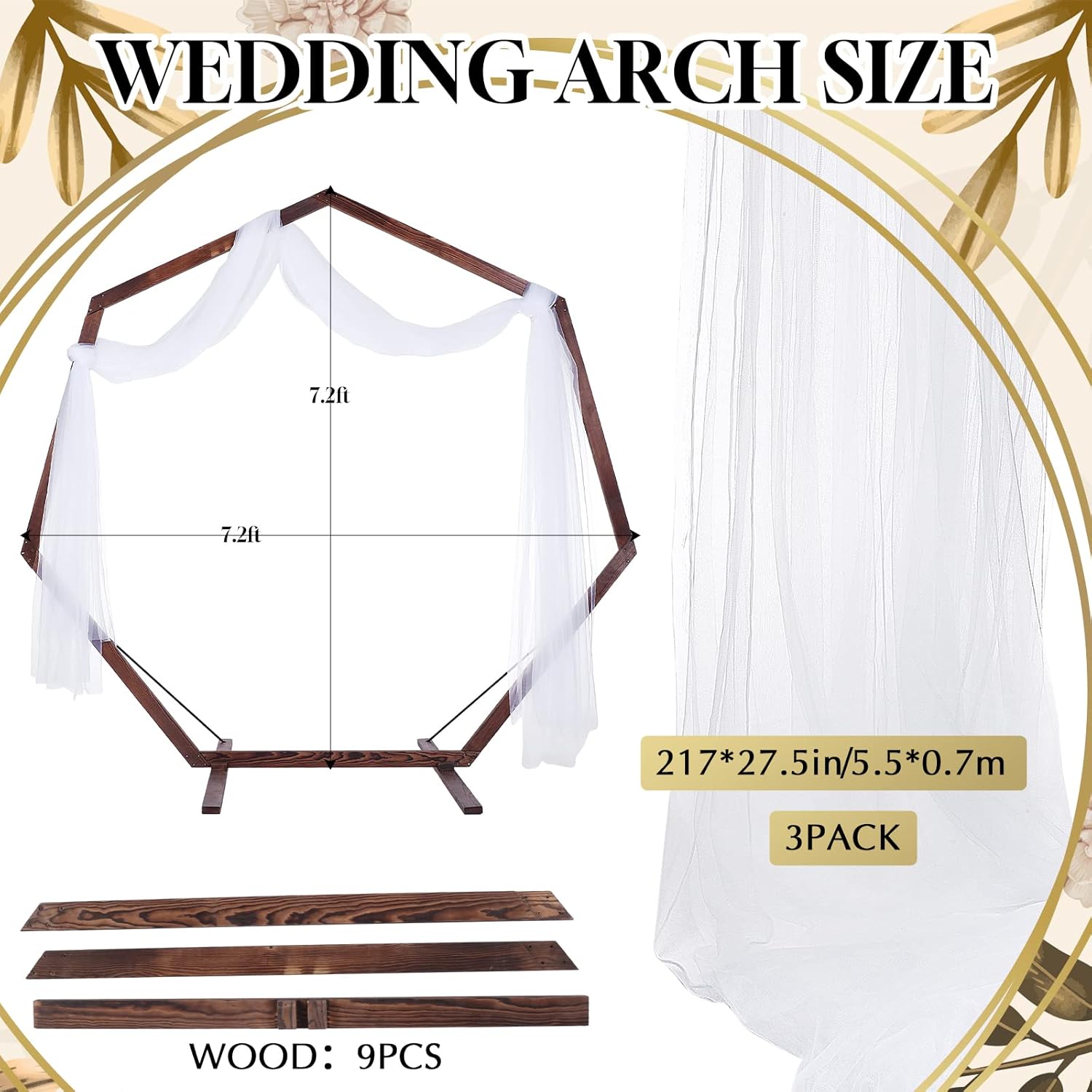 Arco de boda de 7.2 pies con 3 piezas de tela drapeada de 6 yardas, arco de boda de madera heptagonal para ceremonia, árbol de boda de madera para