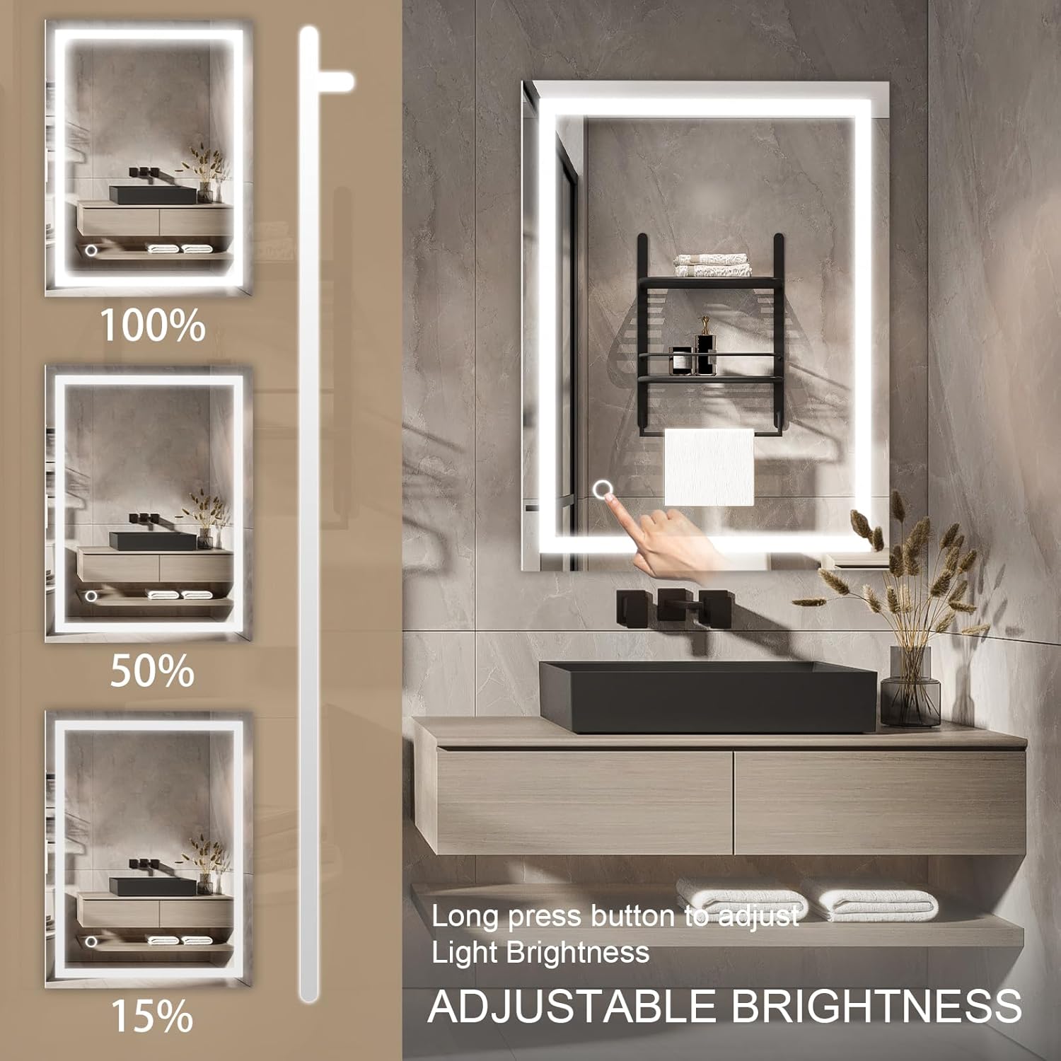 Speculux Espejo de baño LED con luces de 24 x 32 pulgadas, espejos de tocador de baño montados en pared, 3 modos de color regulables, luces