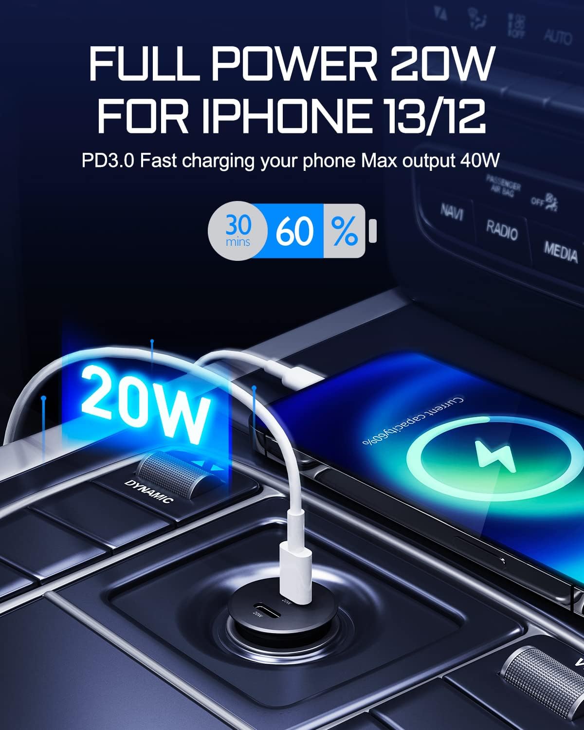 Cargador de coche USB C, Aergiatech 40W PD 3.0, adaptador de cargador rápido de coche de doble puerto, cargador de coche tipo C de metal compatible