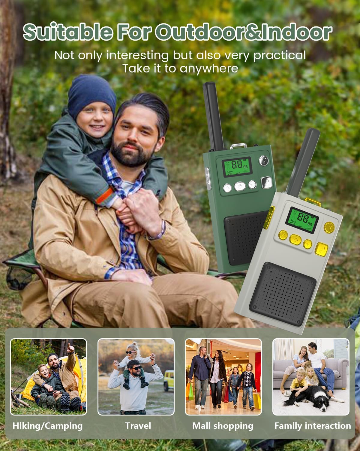 MOREXIMI Walkie Talkies para niños, paquete de 2 unidades, 22 canales de largo alcance, juguetes educativos al aire libre para niños de 3 a 12 años