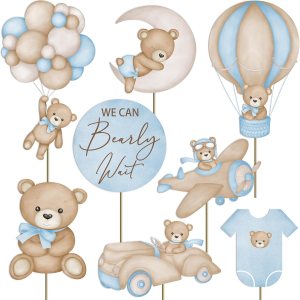 16 centros de mesa azules con texto en inglés We Can Bearly Wait para decoración de baby shower, centros de mesa de oso para baby shower para niños, 16 centros de mesa azules con texto en inglés We Can Bearly Wait para decoración de baby shower, centros de mesa de oso para baby shower para niños,