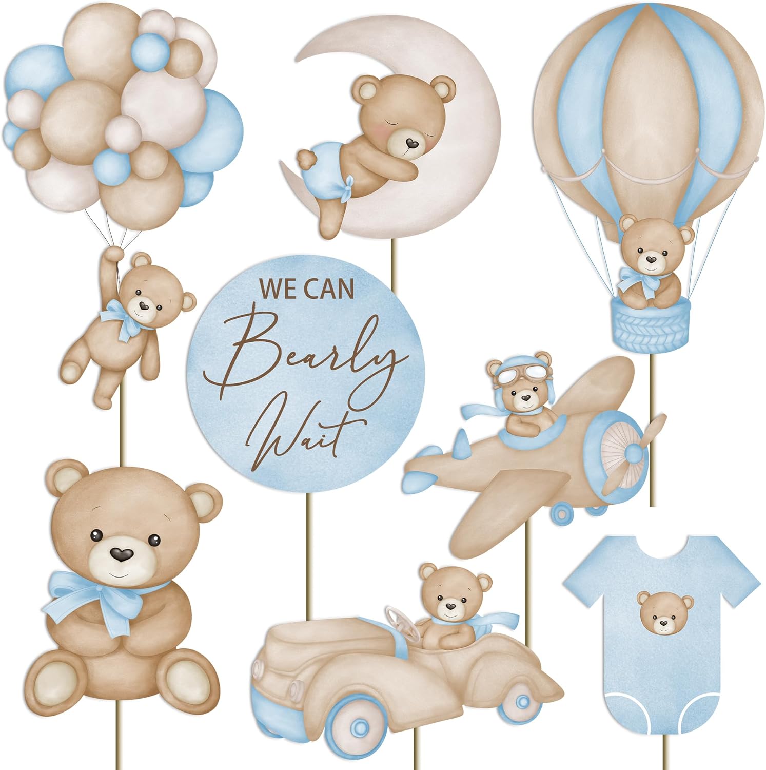 16 centros de mesa azules con texto en inglés We Can Bearly Wait para decoración de baby shower, centros de mesa de oso para baby shower para niños,