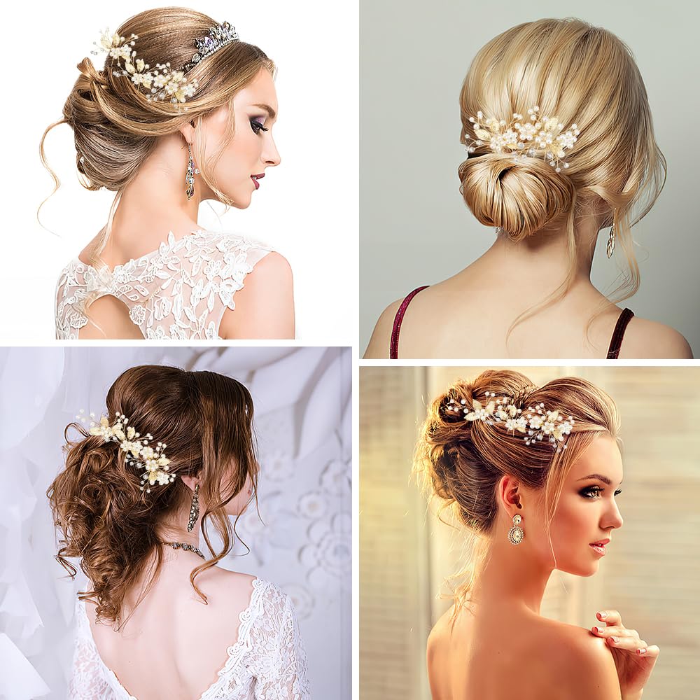 Pinzas para el pelo de boda con hojas doradas, horquillas de novia para baile de graduación, 3 piezas de perlas de cristal, accesorios para el