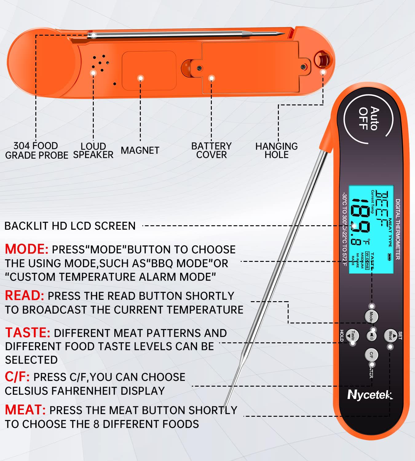 Digital Cooking Thermometer, Accurate & Waterproof Instant Read Meat Thermometer with Backlit, Calibration, Probe, Food Thermometer for Kitchen,