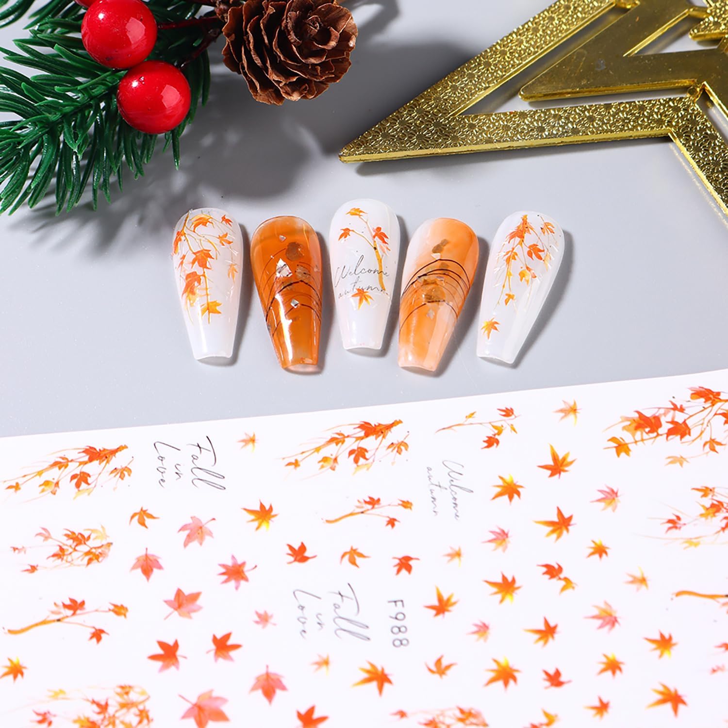 5 hojas de calcomanías de uñas de otoño, hojas de arce, ardilla, alce, grabadas en relieve, calcomanías de arte de uñas de Acción de Gracias,