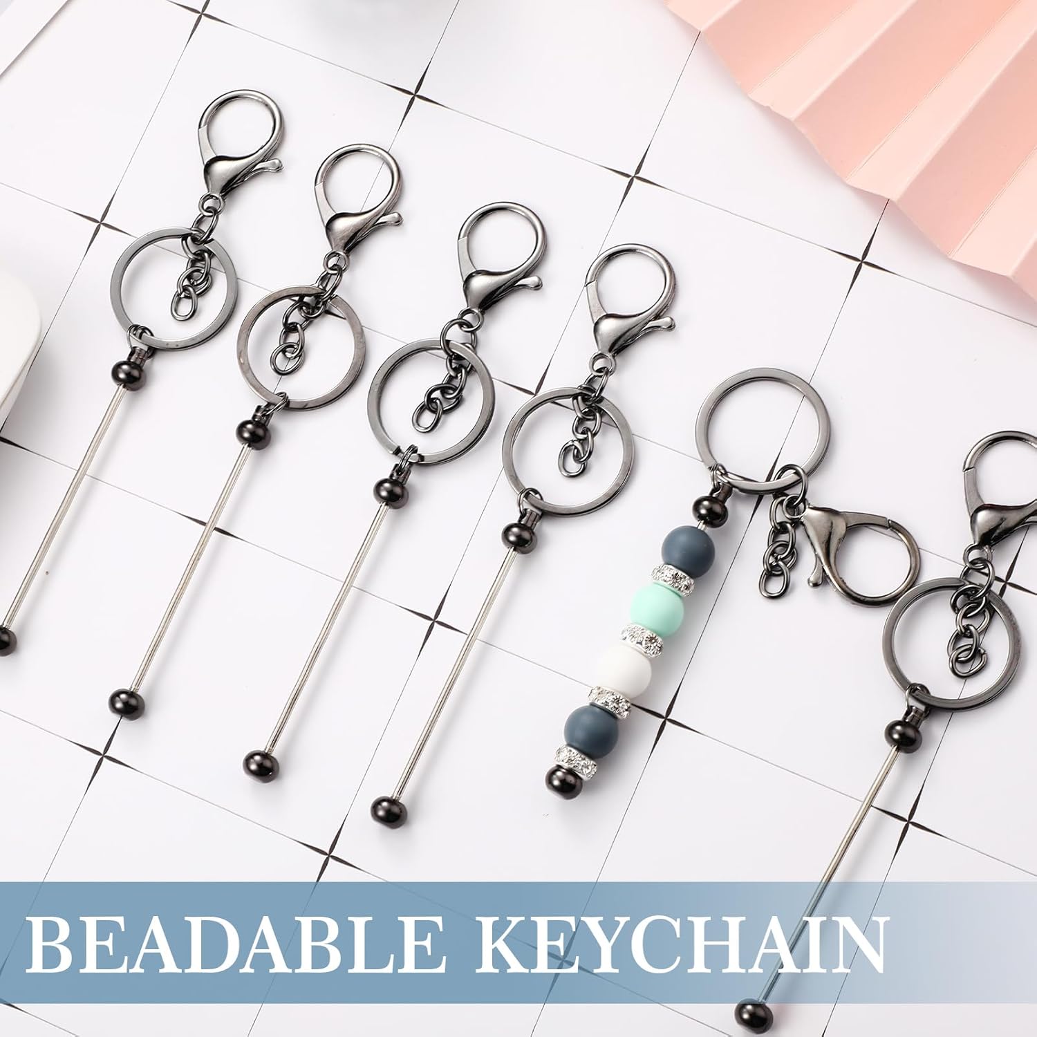 6 piezas de llaveros con cuentas, barras en blanco, llavero de cuentas de metal con cuentas para colgante, manualidades, joyería, regalo