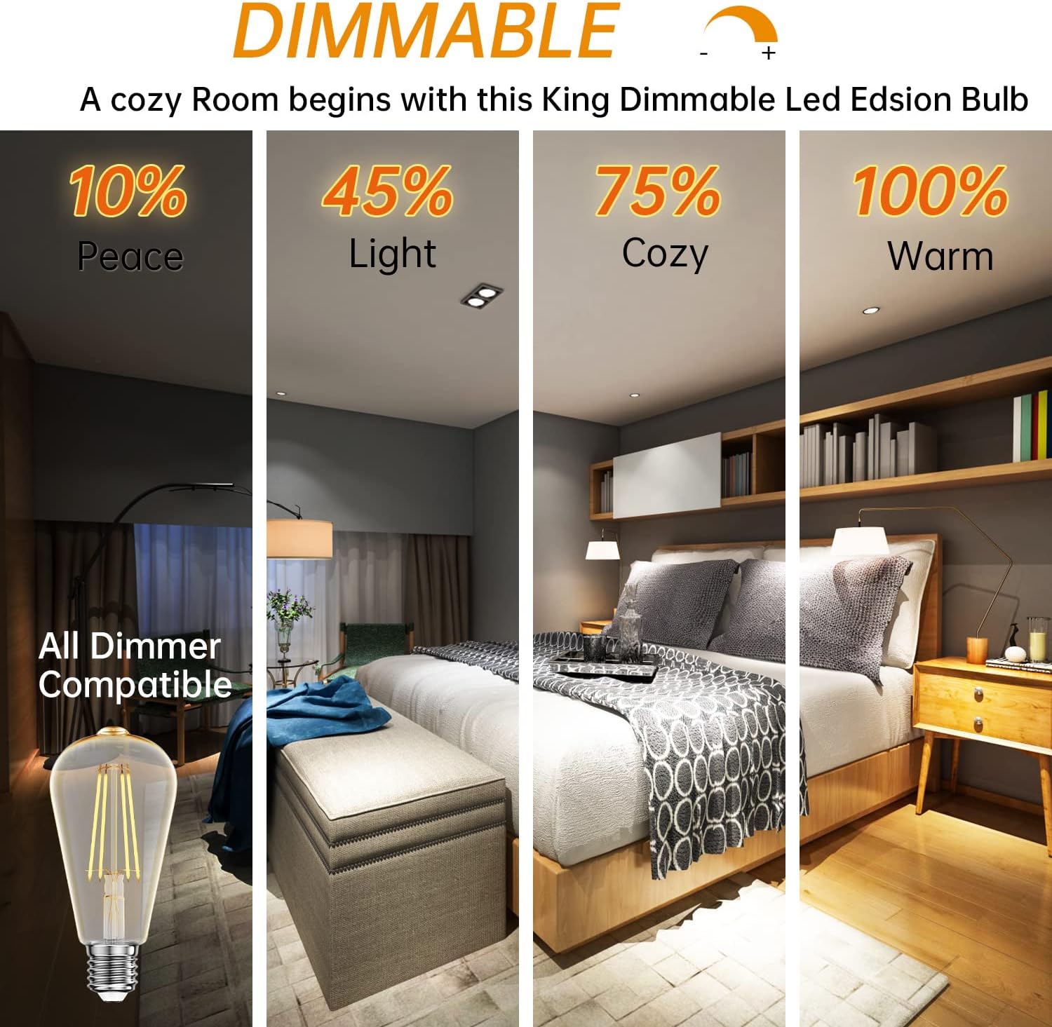 Batklumi Bombillas LED Edison regulables 8 W, equivalente a 60 W, 2700 K, blanco cálido con 80+ CRI E26 Edison bombillas de filamento vintage