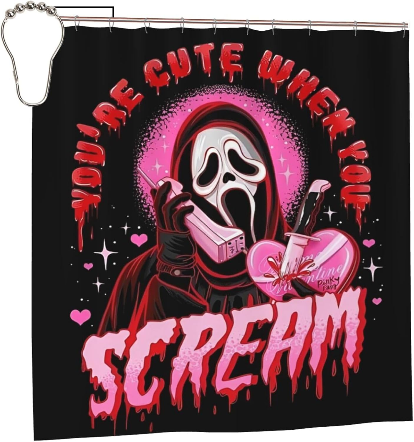 Cortina de ducha con cara de fantasma rosa con ojales y ganchos de hierro, impermeable, lavable, cortina de ducha de tela de poliéster, cortinas de