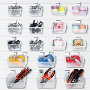 Paquete de 18 cubos Slatwall de accesorios, varios tamaños, de plástico, montados en la pared, con ganchos de pared para montaje en pared, Paquete de 18 cubos Slatwall de accesorios, varios tamaños, de plástico, montados en la pared, con ganchos de pared para montaje en pared,