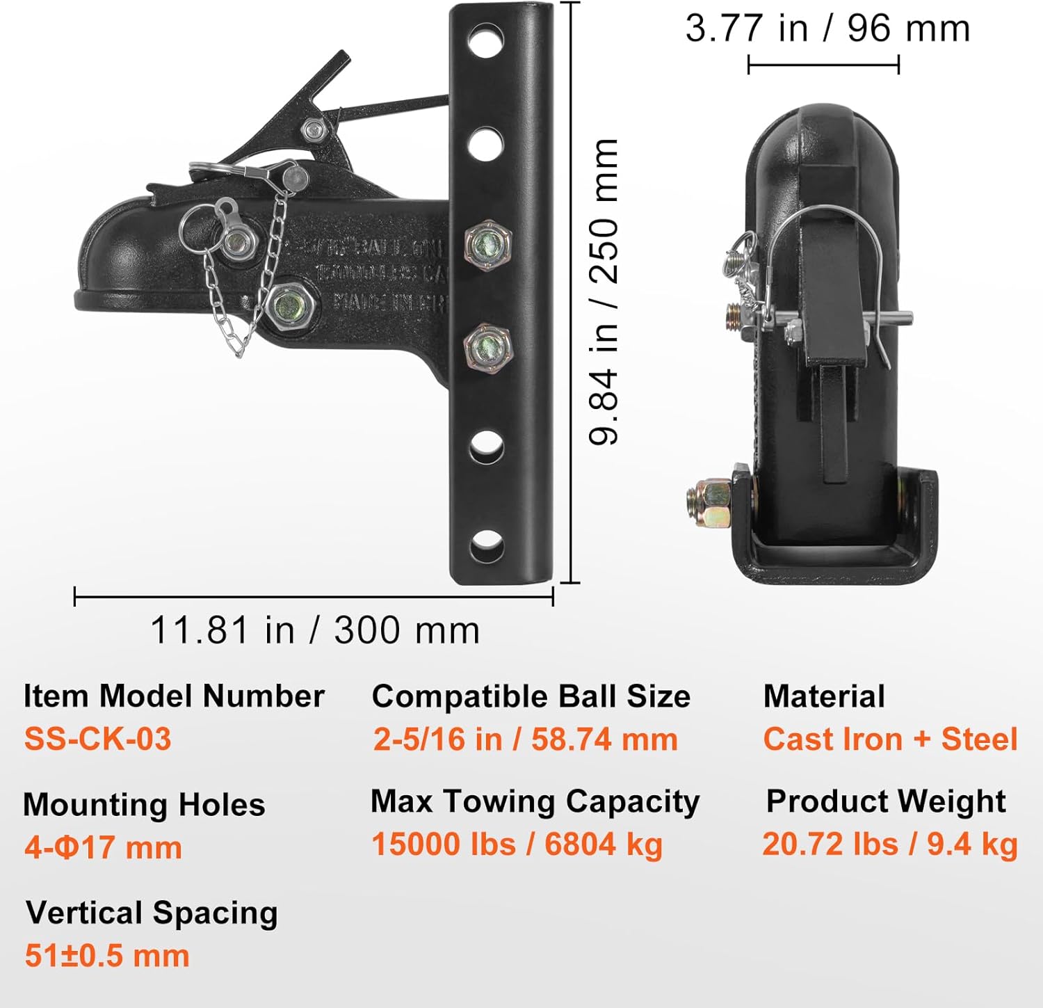 VEVOR Acoplador de remolque ajustable y kit de soporte de canal de 5 posiciones, bola de enganche de 2-516 pulgadas, capacidad de 15000 libras,