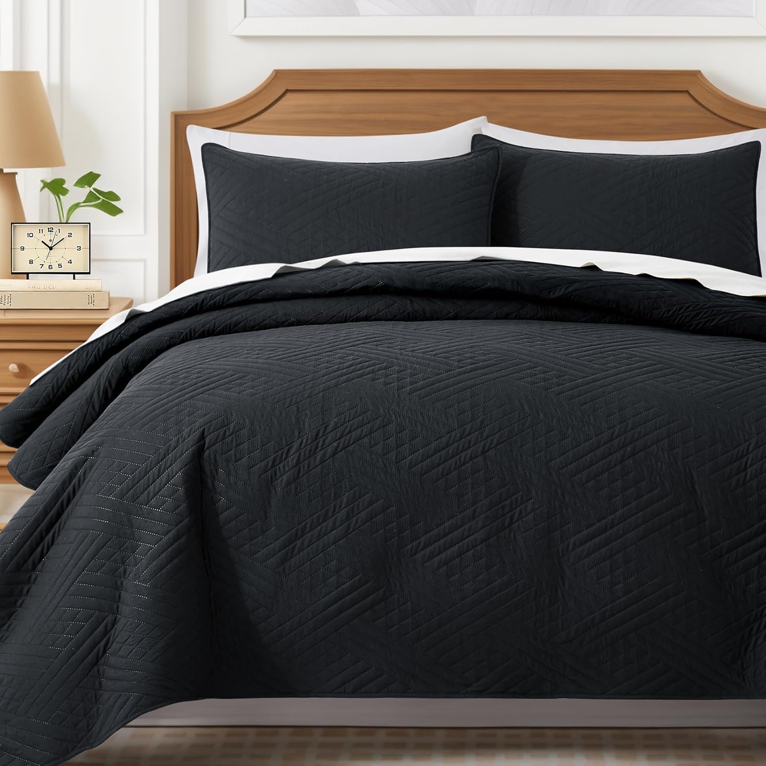 Lavsiry Edredón negro Queen con patrón de rayas, juego de ropa de cama delgado ligero de verano, colcha y colcha de microfibra suave para todas las