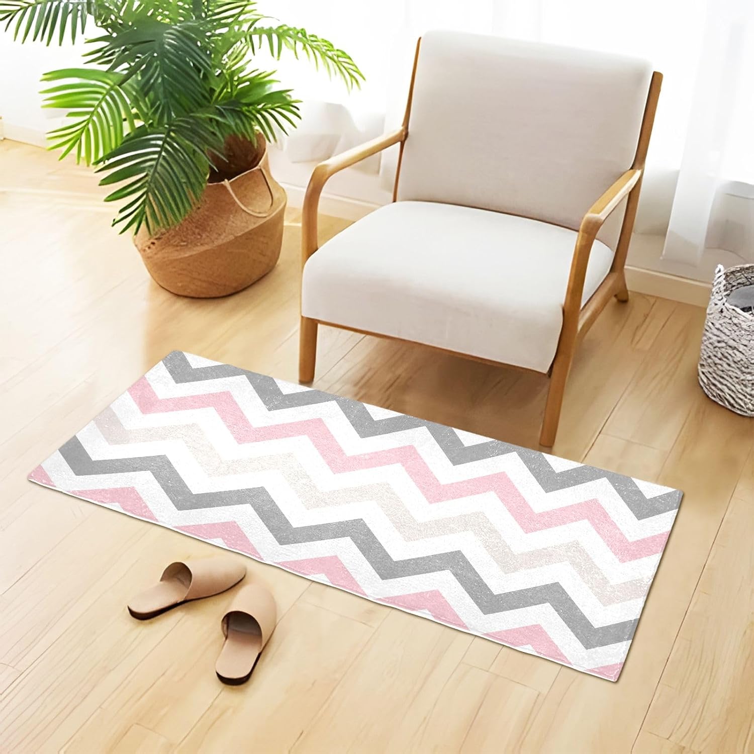 Joisal Alfombras de baño de felpa cheurón color rosa y gris, absorbentes, antideslizantes, con parte trasera de goma, lavables, 39 x 20 pulgadas