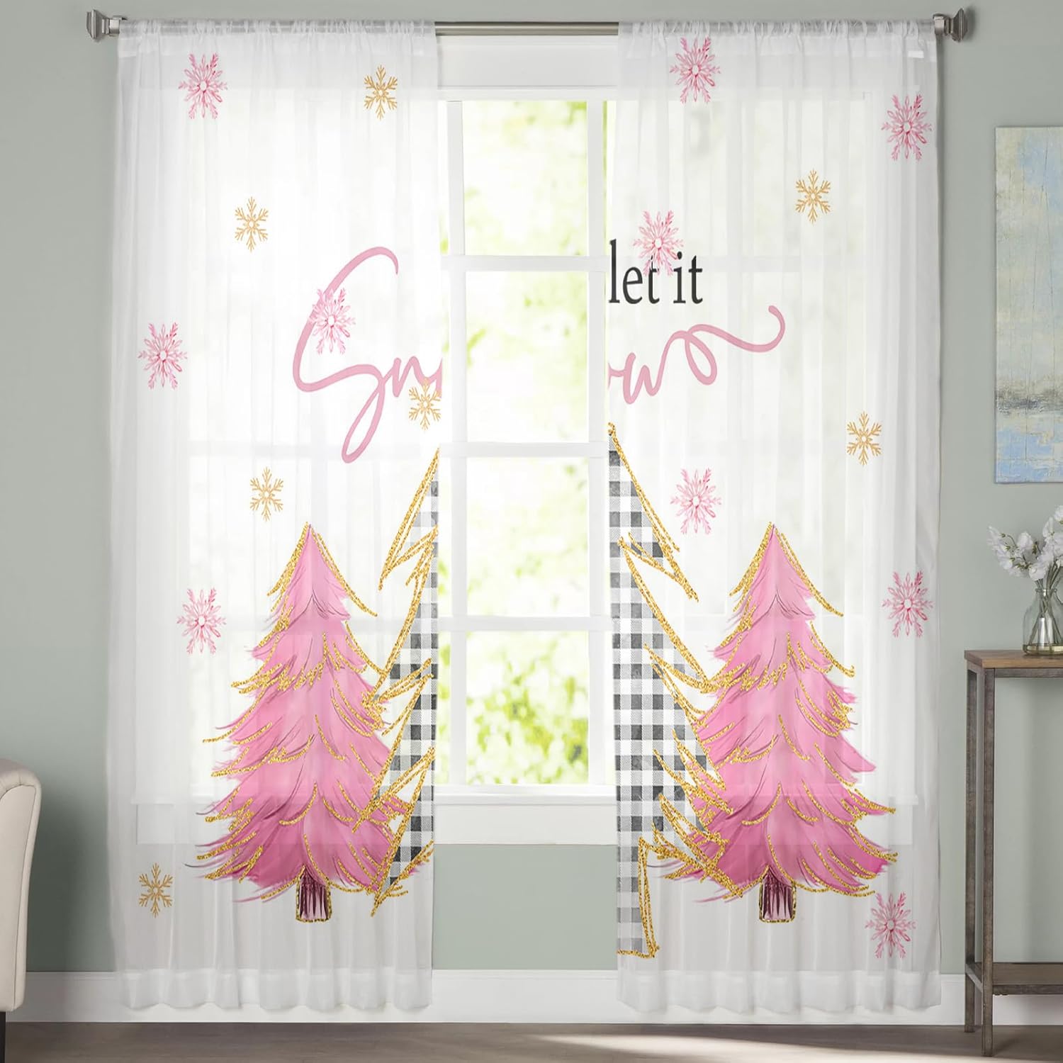 Cortinas de Navidad para sala de estar, cortinas traslúcidas para árbol de Navidad, cortinas de ventana con bolsillo para barra, cortinas de ventana