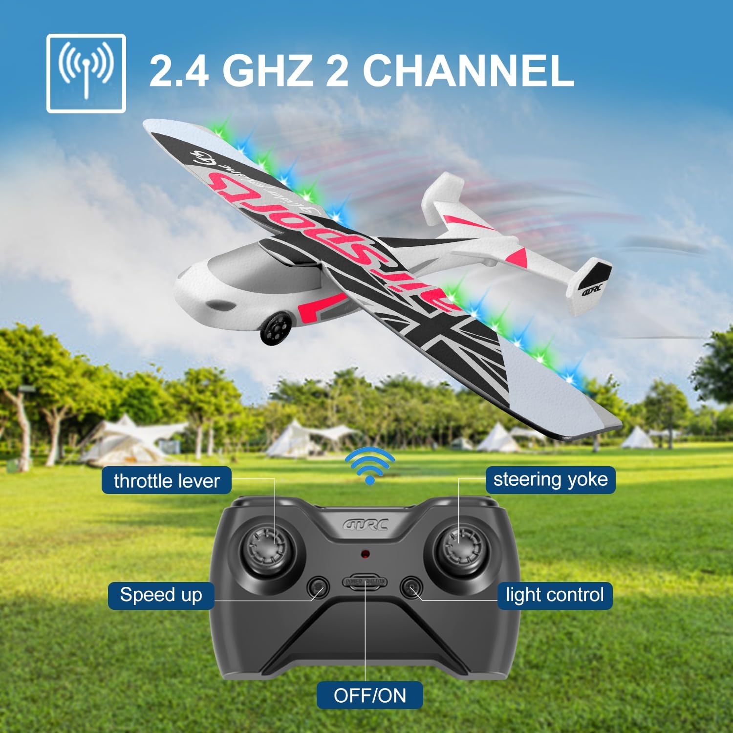 Avión RC, avión de control remoto de 2.4 GHz, vuelo con 2 baterías y hélice estabilizador giroscópico de 6 ejes, luz azul y verde, fácil de volar