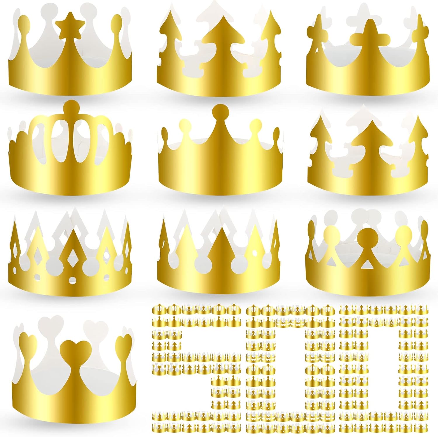 Crtiin 500 coronas de papel doradas a granel, para fiestas, rey, princesa, coronas doradas, sombreros de fiesta dorados para niños y adultos,