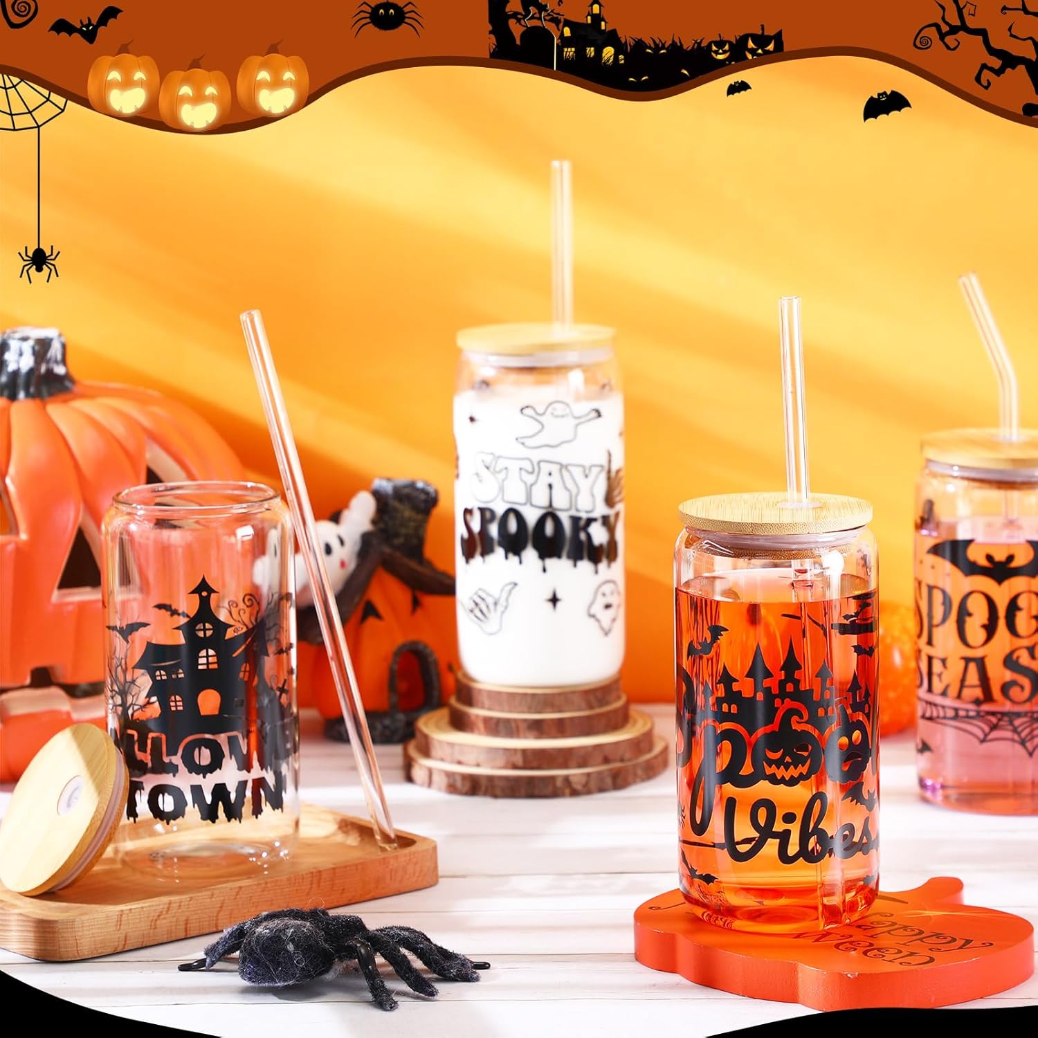 6 tazas de Halloween de 16 onzas, tarro de Halloween con tapa, popote para café, helado, cerveza, cristalería, galletas, regalo, botellas de agua