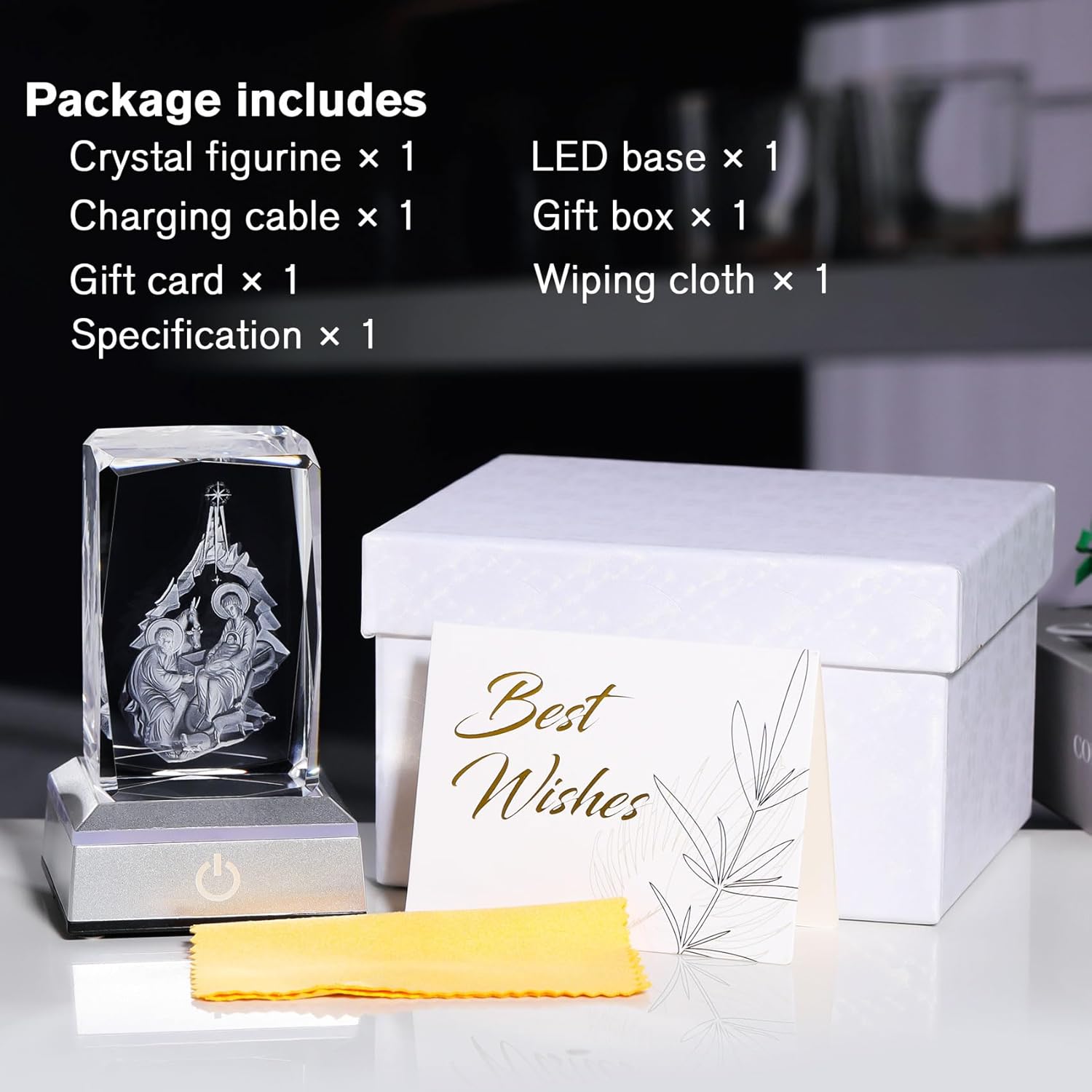 YWHL Figura de cristal 3D con base de luz colorida, estatua de nacimiento del bebé Jesús grabada con láser, regalos religiosos de Navidad,