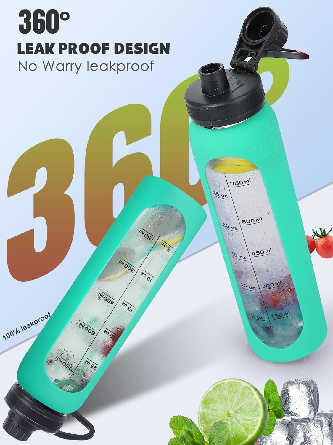 Botellas de agua de vidrio de 32 onzas con funda de silicona, botellas de hidratación para beber, reutilizables, sin BPA, borosilicato, boca ancha,