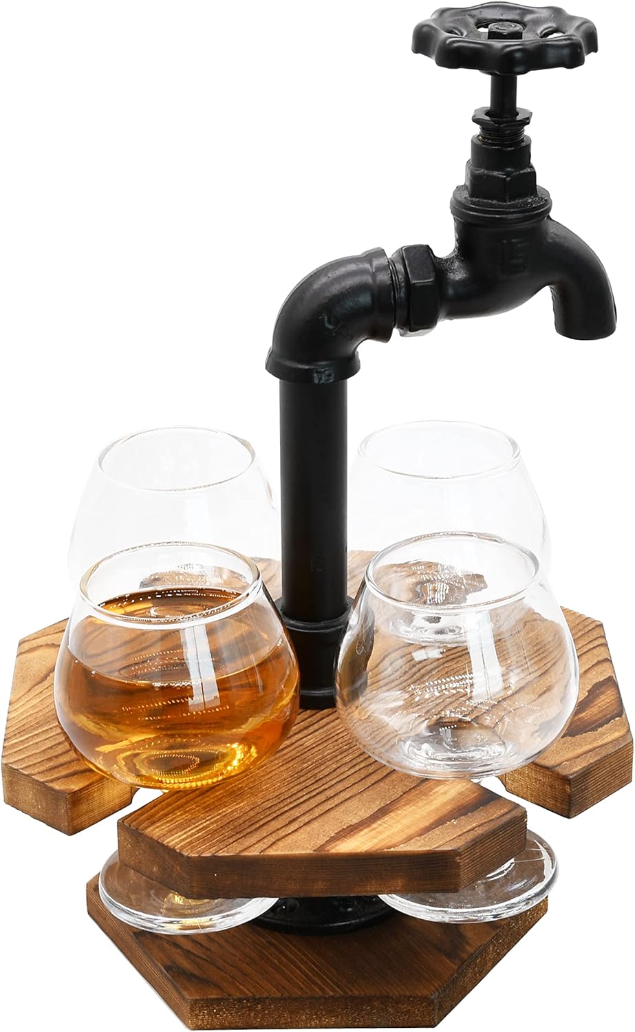 Owlgift Tubo industrial y madera quemada CervezaWhisky Vuelo Set con 4 vasos, grifo de hierro fundido diseño de espita