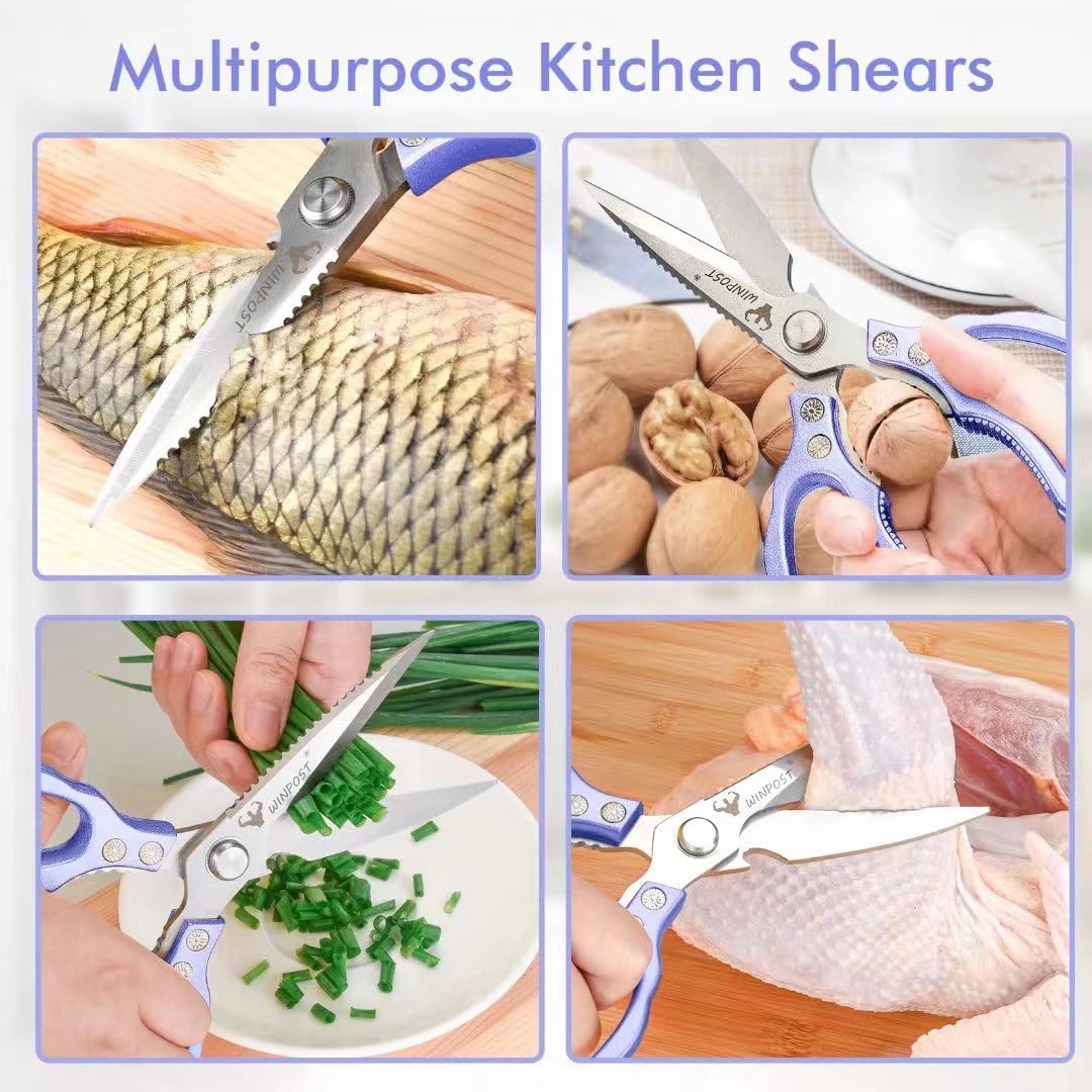 WINPOST Tijeras de cocina, tijeras de cocina multifunción de acero inoxidable 304 afiladas, astillas, accesorios de cocina, tijeras de cocina para