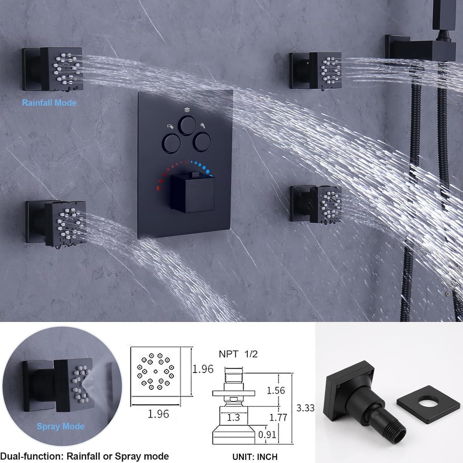Sistema de ducha Body Jet WHSHOWER con válvula termostática, grifo de lluvia combinado con doble función, 4 chorros corporales, cabezal de ducha LED