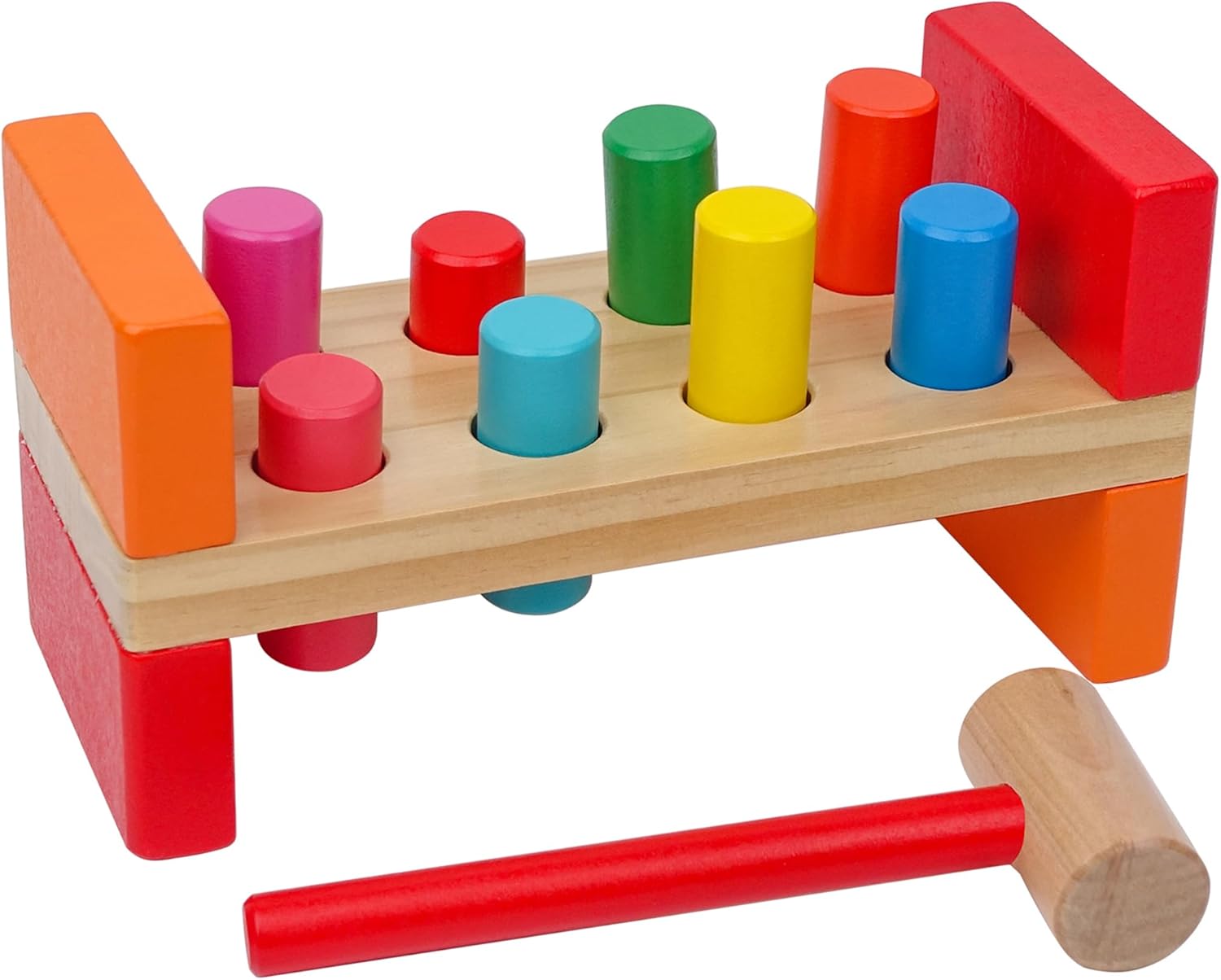 Juguete de martillo de madera para niños pequeños de 1 a 3 años, juguete Montessori con 8 clavijas y mazo para coordinación mano-ojo, juguete para