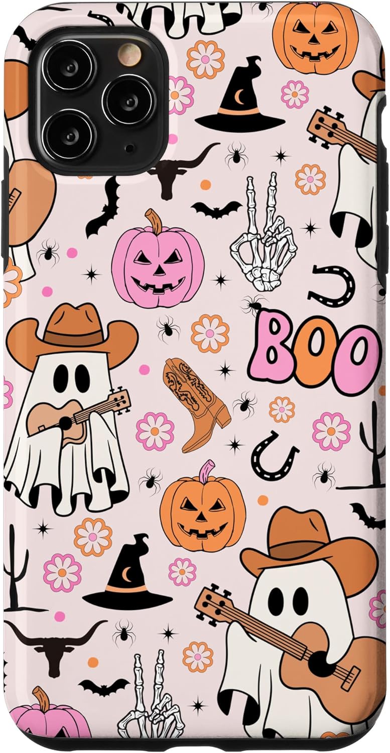 Funda para iPhone 11 Pro Max Fantasma Fantasma Vaquero Lindo Halloween Boo Western Retro Pastel