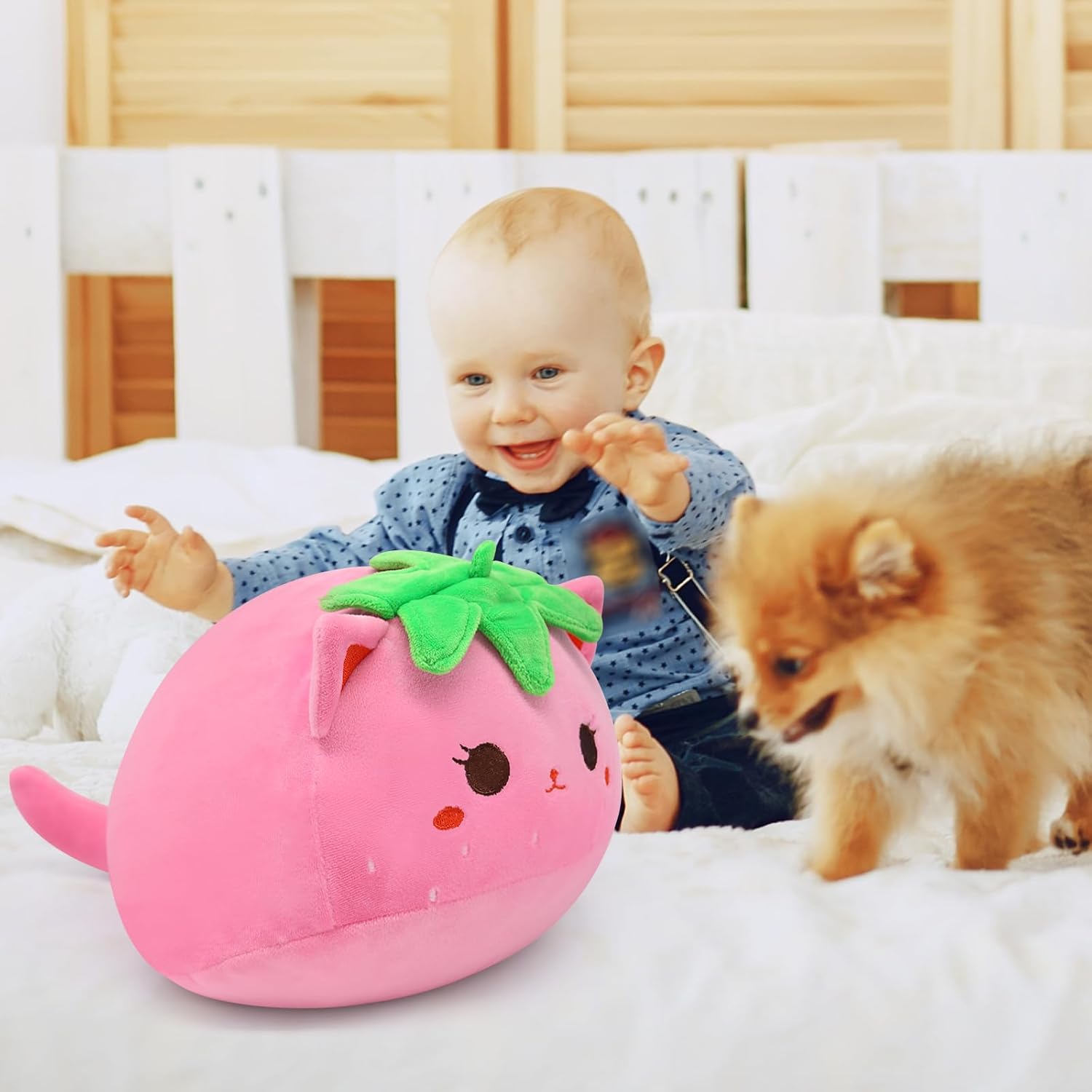 Almohada de felpa con diseño de gato de fresa de 12 pulgadas, lindo animal de peluche de gato rosa, juguete de peluche suave para niños, niñas y